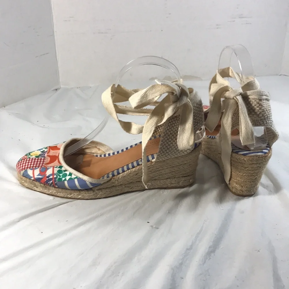 Coach Women’s Kerrie Patchwork Canvas Wedge Espadrille Ankle Tie Sandals Shoe